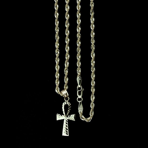 10K Real Gold Rope Chain and Ankh Cross Pendant Set - Picture 1 of 9